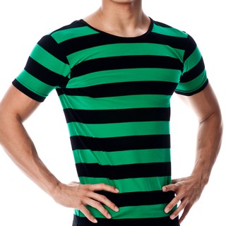 เสื้อยืด คอกลม ลายทาง สีเขียว สําหรับผู้ชาย [1830]