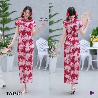 J17251 เดรสกี่เพ้า คอจีน ลายใบไม้ Chinese neck cheongsam dress with leaf pattern