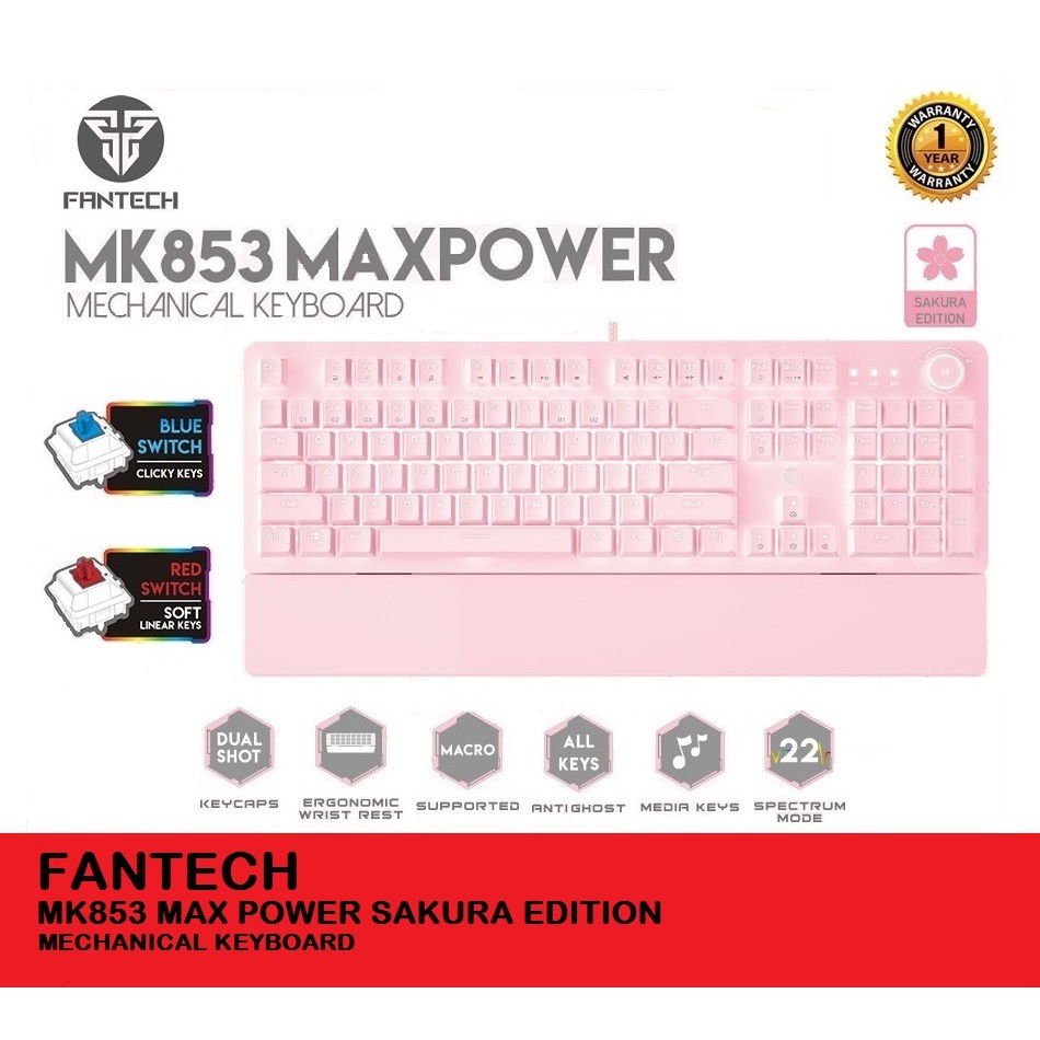 Fantech MK853 MAXPOWER SAKURA EDITION WIRED MECHANICAL KEYBOARD สวิตช์สีน้ําเงิน/แดง