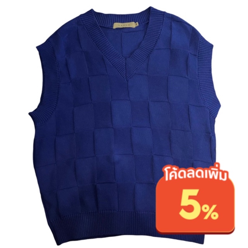 (ส่งต่อ) leela.official เสื้อกั๊กดีเทลตาราง Square Vest ไซส์ M สีกรมน้ำเงิน อก 44” ยาว 27” เสื้อแขนก