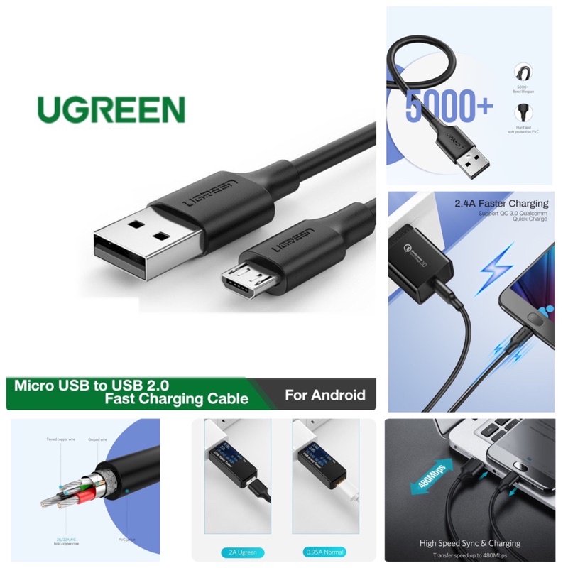 UGREEN Micro USB to 2.0 A Cable รุ่น 60134 ยาว 0.25 เมตร สายชาร์จ ไมโคร ชาร์จ ไว เร็ว