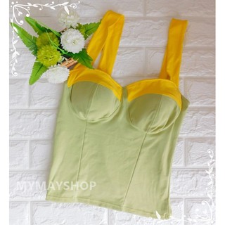 เสื้อคอร์เซ็ต สีเขียว Green Tea ตัดขอบตัดต่อ 2 สีเก๋ไก๋ พร้อมฟองน้ำอก