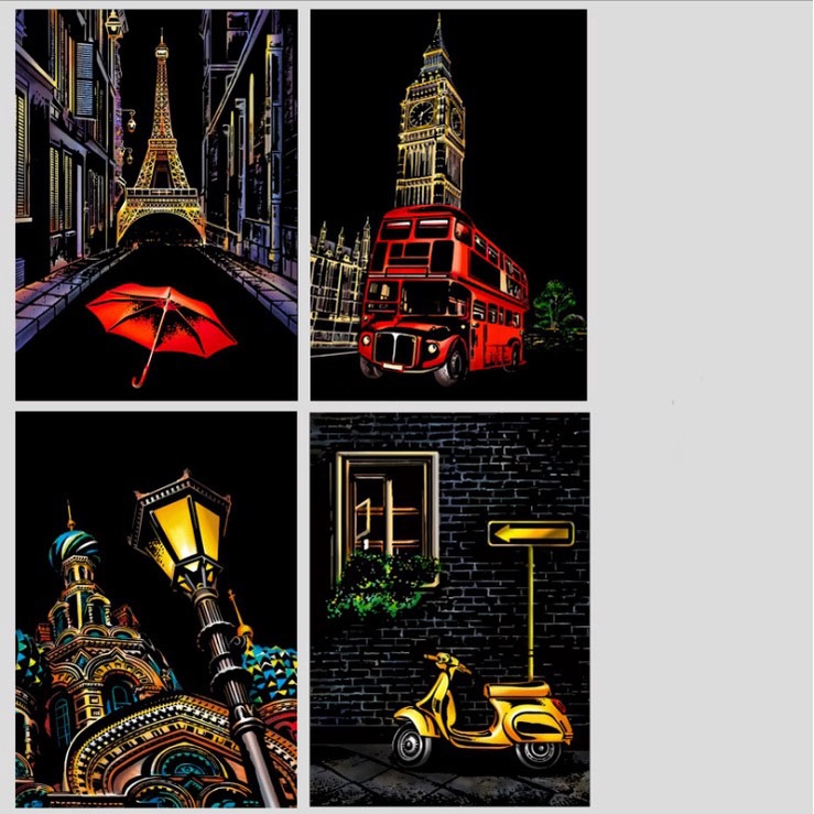 (1 ชุดได้ทั้ง 4 ภาพเลยค่า) ฟรีแท่งไม้ขูดทุกชุด ศิลปะขูด Magic Scratch Art ขนาด A4 แผ่นขูดภาพภาพวิวระบายสีต่างประเทศ - รูปที่ 7