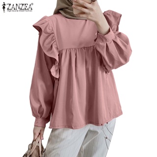 Zanzea เสื้อเบลาส์ แต่งระบาย สีพื้น สไตล์มุสลิม แฟชั่นเรโทร สําหรับผู้หญิง