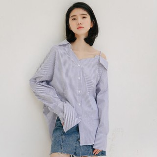 MinminsCloset - Sophia Oversized Shirt เสื้อเชิ้ตลายทาง เสื้อเปิดไหล่ สไตล์เกาหลี