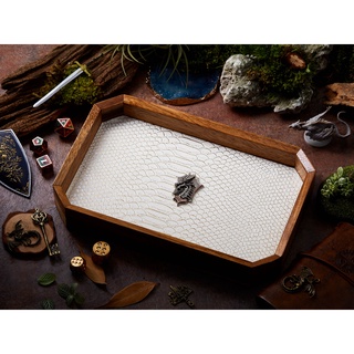 Dragon Shield Dice Tray | White Gold Leather &amp; Metal Shield Silver | Octagon Dice Tray | Faux Leather | RPG Dice Tray |