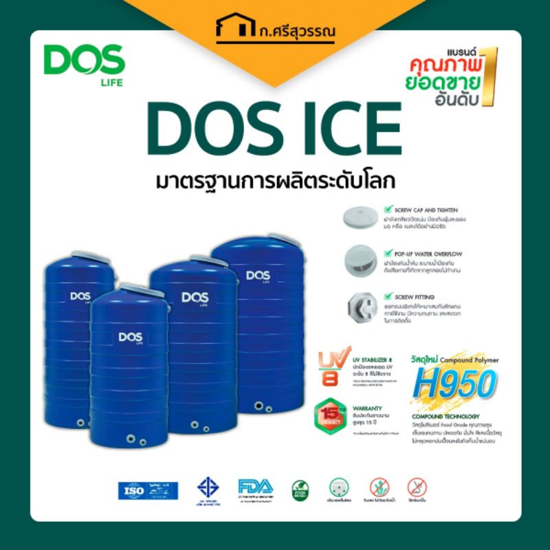ถังเก็บน้ำ DOS รุ่น Ice (สีน้ำเงิน) ถังน้ำ ถังเก็บน้ำบนดิน ถังน้ำดอส Dos รุ่น Ice-จัดส่งฟรี !!!