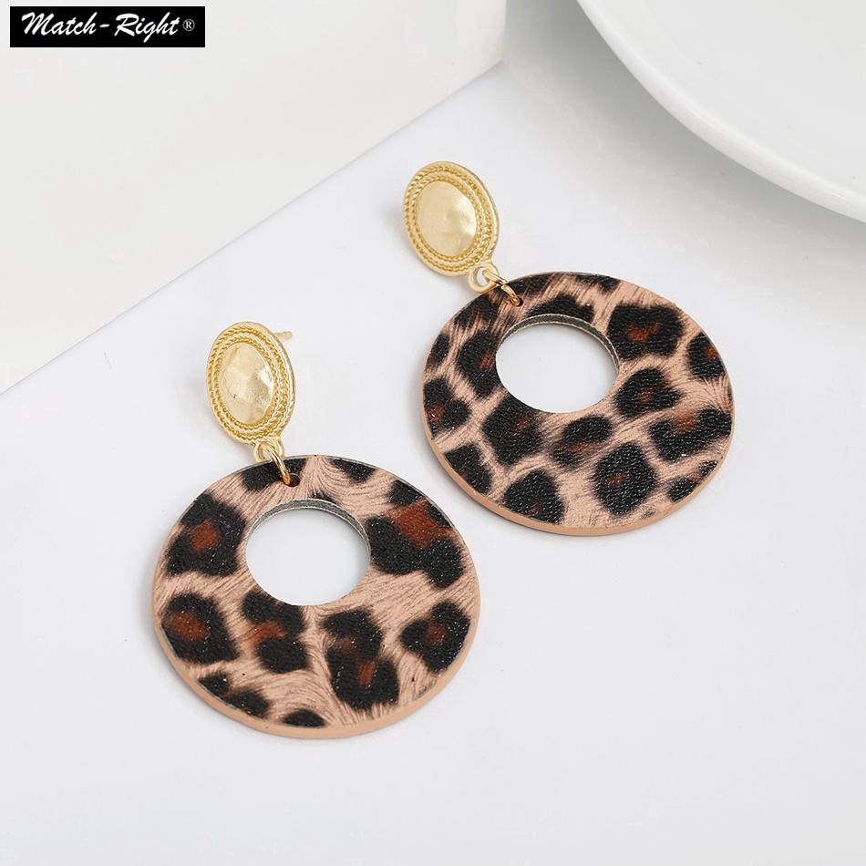 ต่างหูรอบพิมพ์ลายเสือดาวผ้าเรขาคณิต  Leopard Print Fabric Round Geometric Style Drop Earrings