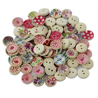 100pcs 2 Holes Colorful Retro Floral Print Round Wooden Buttons DIY Scrapbooking Decoration 15mm  💛Kitchentool