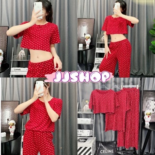 JJ Shop​💜​พร้อมส่ง ชุดเซ็ท 3in1 สีแดง เสื้อแขนสั้น+เสื้อครอป+กางเกง "DX-1632" -N