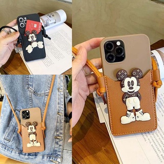 For iPhone 13mini 13Pro 13 13ProMax 12mini 12 12Pro 12ProMax SE 2020 5 5S 11 11Pro 11ProMax 6 6S 7 8 Plus X XS XR XSMax Phone Case Mickey Minnie Card Case With Lanyard TPU Soft Cover กรณีศึกษา