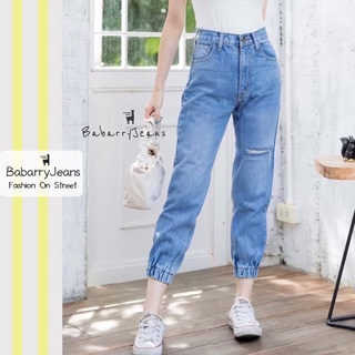 BabarryJeans ยีนส์ทรงบอยเฟรน วินเทจ เอวสูง ขาดเข่า ปลายขาจั๊ม ผ้ายีนส์ไม่ยืด สียีนส์อ่อนฟอก