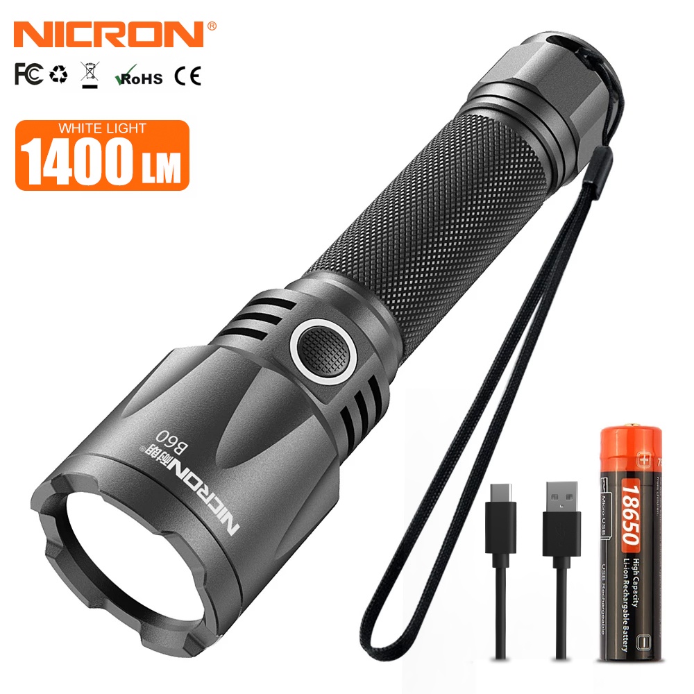 Nicron ไฟฉาย B60 9W 1400 Lumens ความสว่างสูงมาก LED แบบพกพา กันน้ํา IPX8 500 เมตร ระยะไกล LED USB Type-C ชาร์จไฟได้ ไฟฉาย B60
