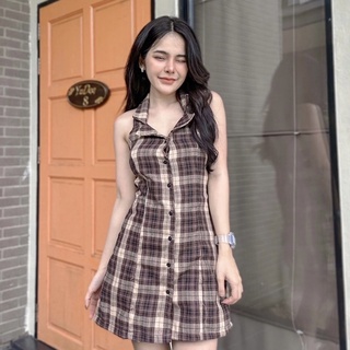 Minidress  มินิเดรส ผ้าลายสก๊อตทอ brown ‘ ดีเทล แขนกุด ด้านหลังเว้าดึงยาง 2 เส้น งานจริงน่ารักมากๆ