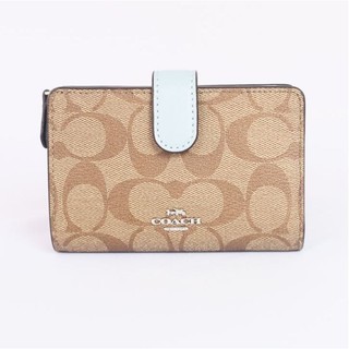 Coach กระเป๋าตังค์ 2 พับ Signature Medium Corner Zip Wallet F23553 In Khaki/Pale Blue