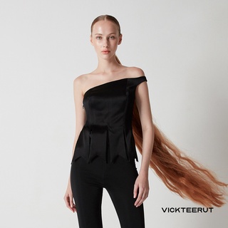 VICKTEERUT One Shoulder Blouse with Ribbon Tail Fringe Hem เสื้อไหล่เดียว เปิดไหล่ ตัดต่อผ้า