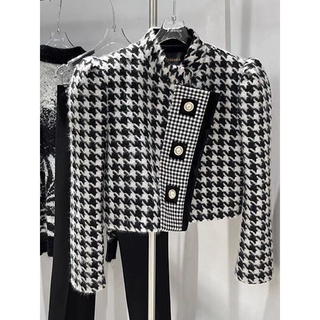 Houndstooth เสื้อแจ็กเก็ต ผ้าทวีต ขนาดเล็ก แฟชั่นฤดูใบไม้ผลิ และฤดูใบไม้ร่วง สําหรับผู้หญิง