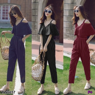 ❤️ TW6657 Jumpsuit จั้มสูทขายาวลายริ้ว สายเดี่ยวทรงเว้าไหล่ขายาว แต่งระบายปีกค้างคาว เนื้อผ้าโฟร์เวย์ทั้งตัว งานสวย