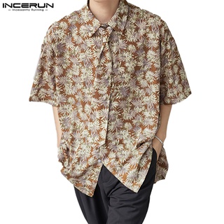 Incerun เสื้อเชิ้ตแขนสั้น คอปก พิมพ์ลายดอกไม้ เหมาะกับเดินชายหาด สําหรับผู้ชาย