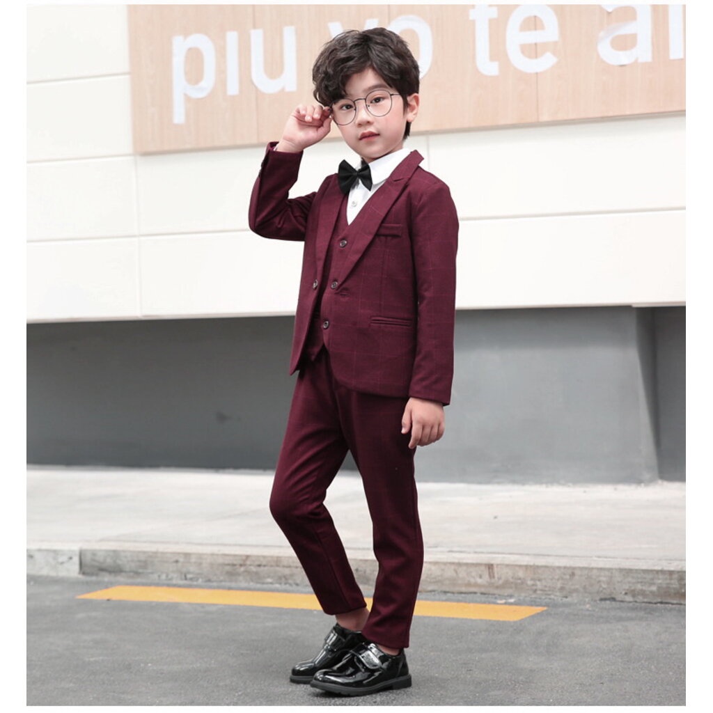 Bset0113- พร้อมส่งจากไทย ชุดออกงานเด็กชายครบเซท 4 ชิ้น ครบชุดสูทเด็กชายสีเทา และสีแดงเข้มเหมือนแบบ เนื้อผ้าสวย มีเสื้... - รูปที่ 2