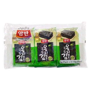 ยังบัน สาหร่ายอบกรอบผสมน้ำมันมะกอก Yangban Seaweed Olive Oil 15g. Pack3