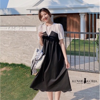 Kowie Korea Black and White Dress เดรสยาวสีดำช่วงอกสีขาว (201) price  1090฿ พร้อมส่ง