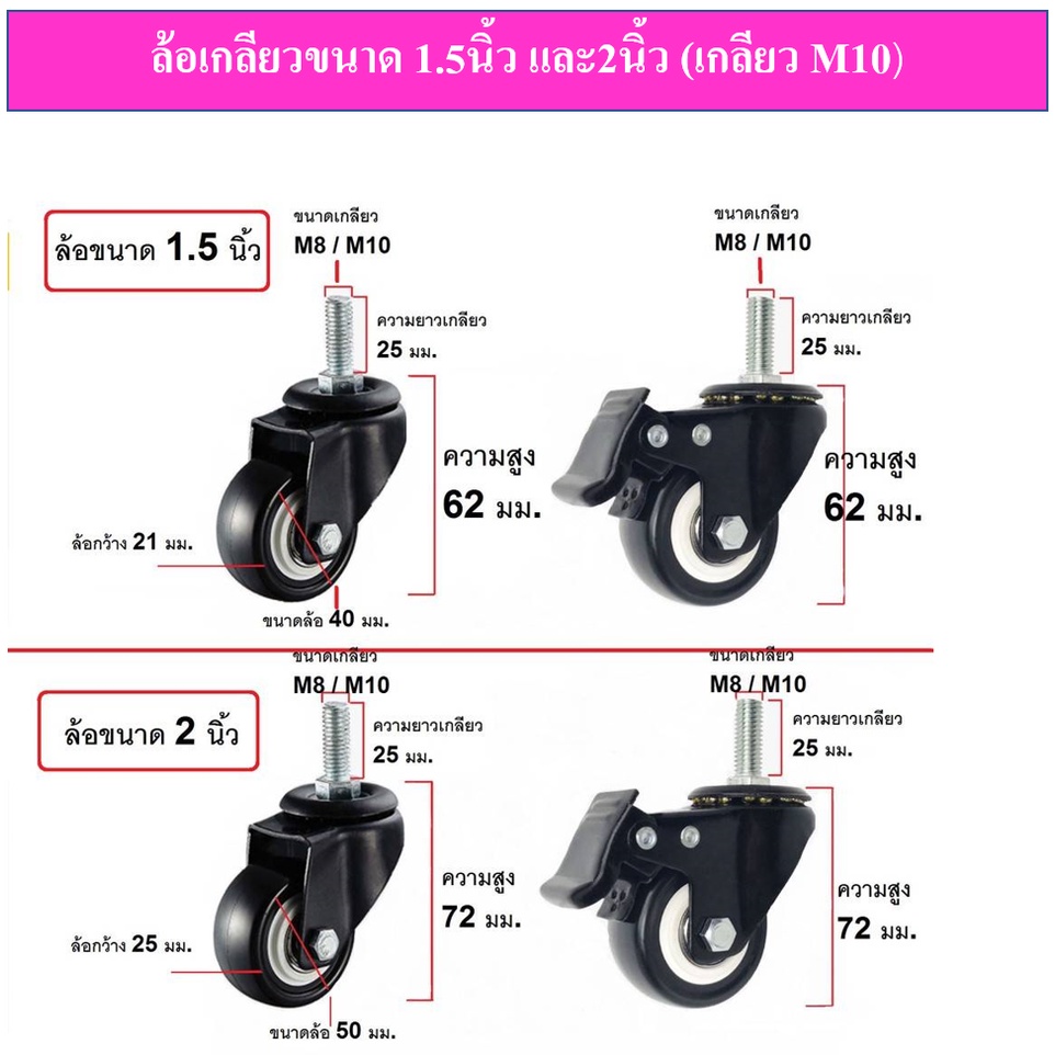 ล้อยางPU.ขนาด 1.5 นิ้ว/ ขนาด 2 นิ้ว แบบเกลียวM10 มีลูกปืนที่แกนล้อ, มีเบรก/ไม่มีเบรก, ล้อเป็นหมุนได้ 360 องศา