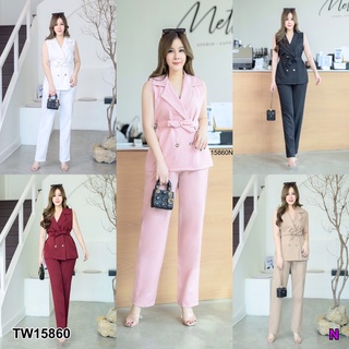 TW15860 Set 2 ชิ้น #สาวอวบ เสื้อทรงสูทแขนกุด+กางเกงขายาว