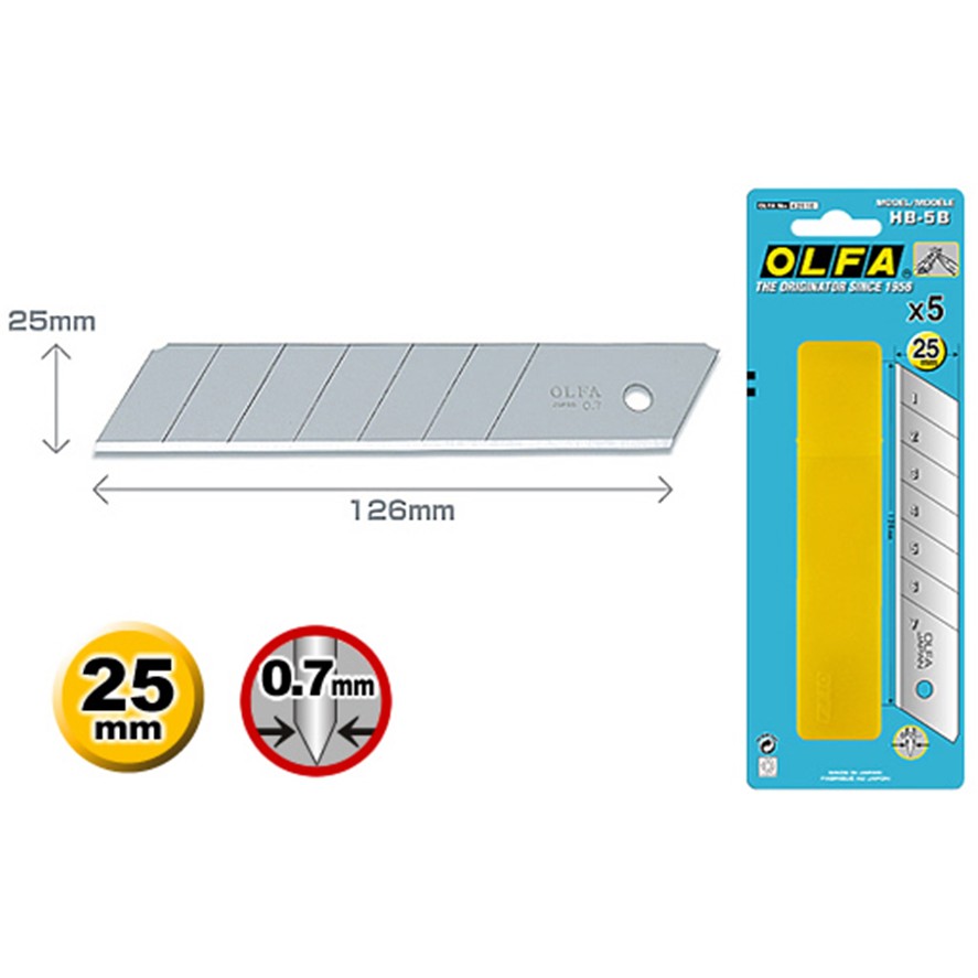 OLFA #HB-5B Cutter Blades ใบมีดคัตเตอร์ ยี่ห้อ โอฟ่า Size 25 mm, Thickness 0.7 mm(Super Strong) : 5-