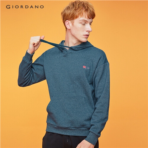 GIORDANO MEN Embroidery fleece-lined kanga pocket hoodie 13099704