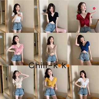 Chili_k❤️k❤️ 9365 *^พร้อมส่ง^* เสื้อแขนสั้น คอวี มัดเกลียวอด สไตล์เกาหลี โชว์เอว แฟชั่นแขนสั้นสุดเซ็กซี่