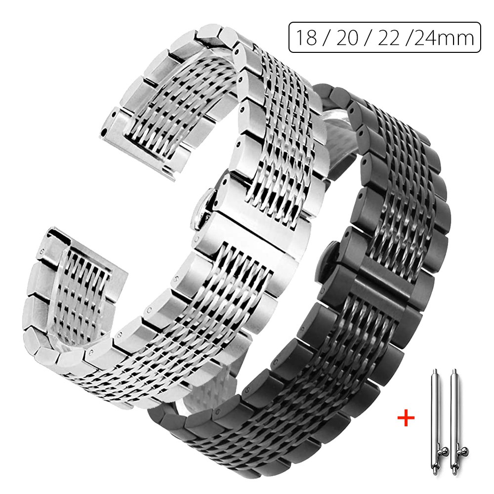 Solid Black Silver Mesh 316L Stainless Steel Watch Band Strap Butterfly ...