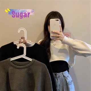 Sugar 🌈พร้อมส่ง🌈เสื้อครอป เเขนยาว คอกลม ผ้าไหมพรม ผ้าหนาใส่สบาย (P572)