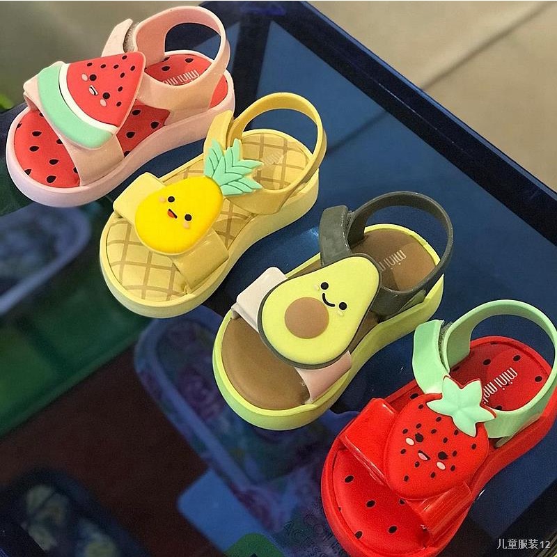 ﺴ◘♦Summer Mini Melissa Kids Shoes Jelly Shoes Avocado Children Fruit Sandals And Slippers Strawberry Decorative Slipper