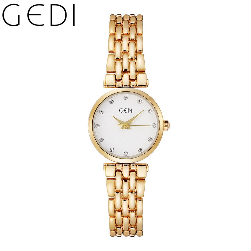 GEDI เกดี ขนาดเล็กสายโลหะกันน้ํานาฬิกาผู้หญิง 1208 ฝังเพชรฟรีกล่องนาฬิกา