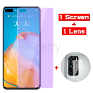 2 In 1 9H ฟิล์มกระจกนิรภัยป้องกันแสงสีฟ้าสําหรับ Huawei P30 P40 P20 Lite Mate 20 Honor 8X Nova 3I 5T 7I 7 Se Y7A Y7P Y6P Y5P Y7 Pro Y9 Prime 2019 Hd สีม่วง