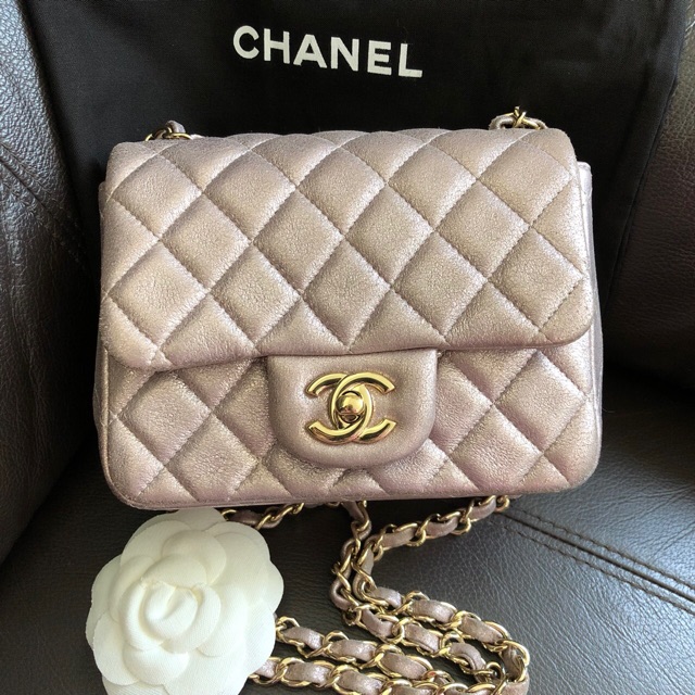 Chanel mini 7 แท้  อะไหล่อง goatskin สี metallic pink