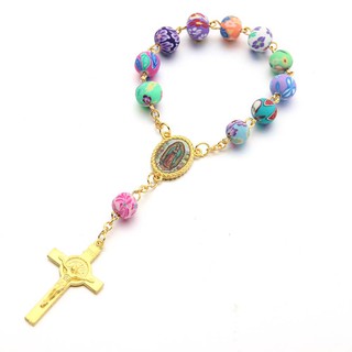 CS1987 สร้อย สายประคำ ชนิด10เม็ด ลูกประคำหลากสี  Polymer Clay Colorized Beads Catholic Rosary Woman ลูกปัด กางเขน แม่พระ