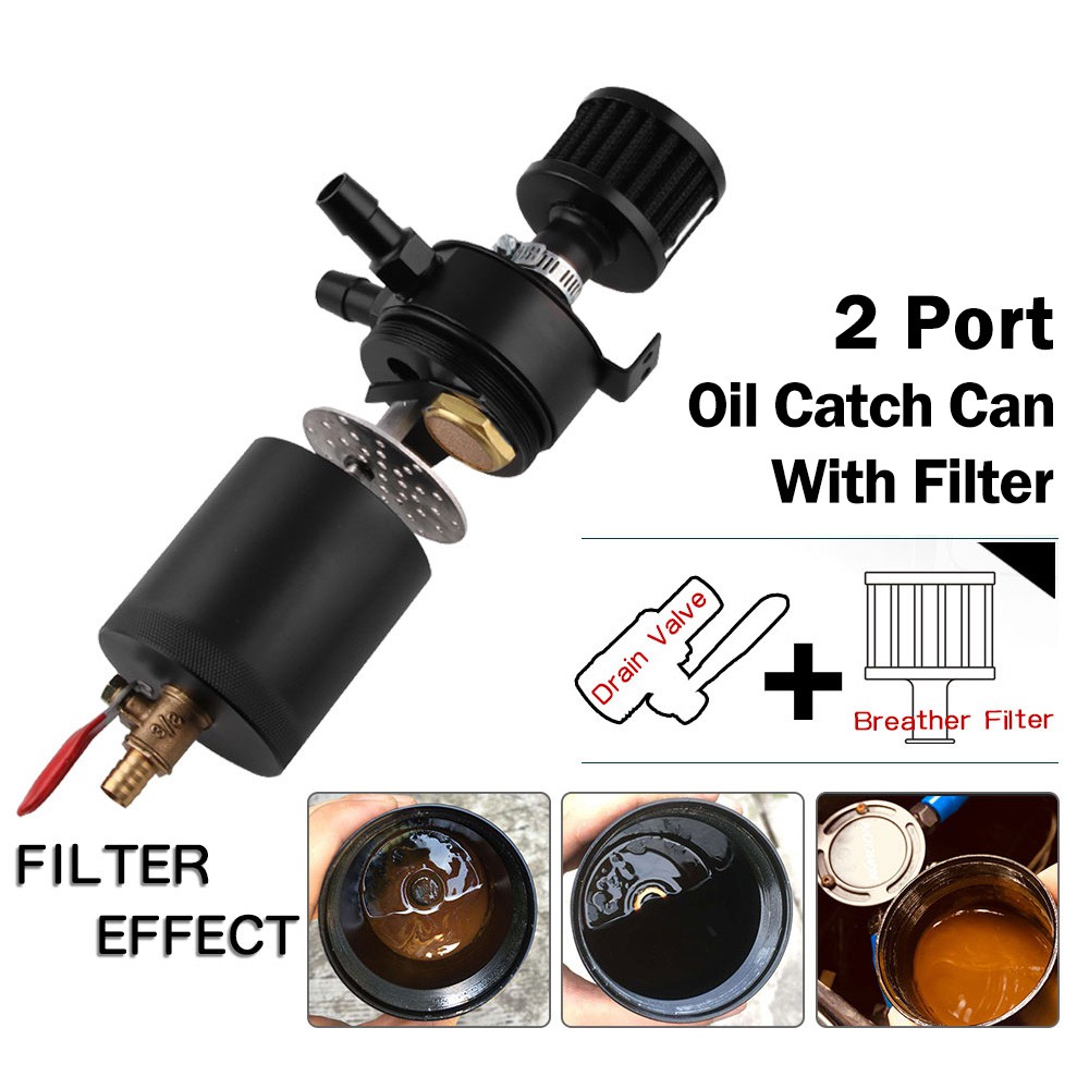 Aluminum Engine Oil Catch Tank Oil Catch Can Double Hole Round Oil Catch Can Black 140ml Universal Oil Catch Tank Kit 