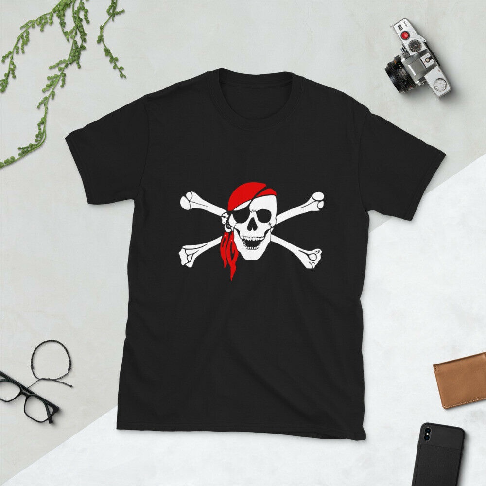 Pirate Skull Crossed Bone Pirate Flag ผู้ชายยอดนิยมเสื้อยืดสีดําปกติ