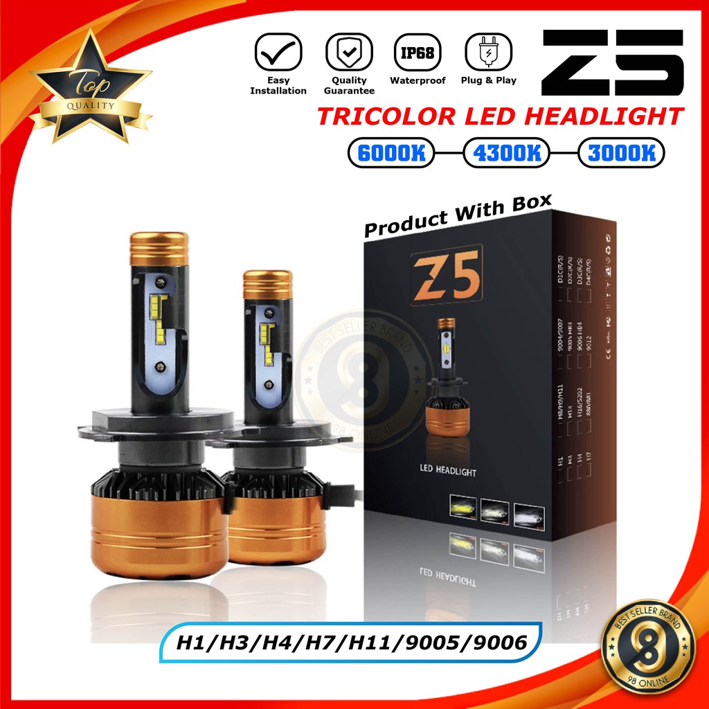 Z5 TRICOLOUR 40w 5800LM ไฟหน้า LED [H4 / H11 / H3 / H1 / H7 / 9006 / 9005]