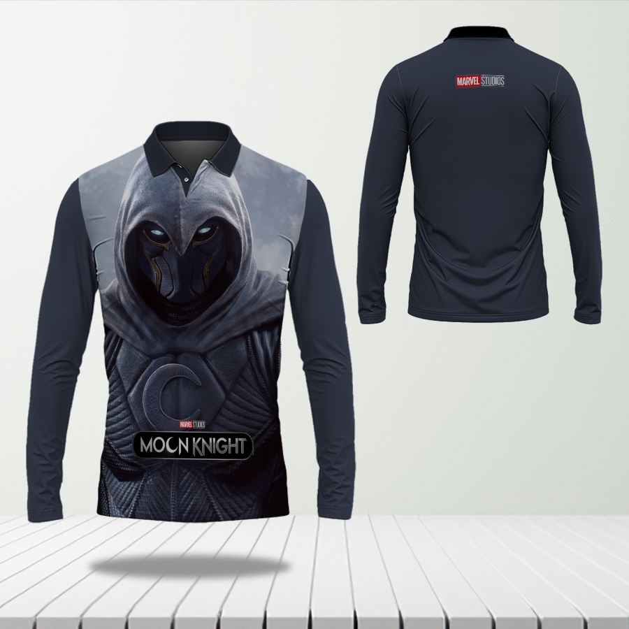 Tinishop - เสื้อโปโลพิมพ์ลายเต็มแขนยาวสําหรับผู้ชาย Moon Knight / เสื้อ Cool Moon Knight