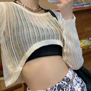 W[]-Women Summer Bikini Cover Up, Solid Color Long Sleeve Round Neck Cutout Sheer Knitted Cropped Tops Beachwear