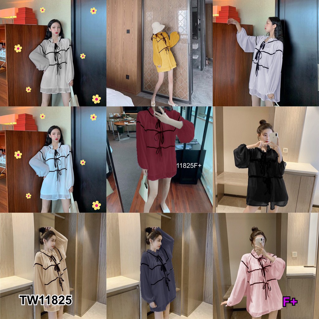 S11825 เดรสชีฟองแขนยาวแต่งผูกเชือกดำ + สายเดี่ยวซับใน พร้อมส่งในไทย