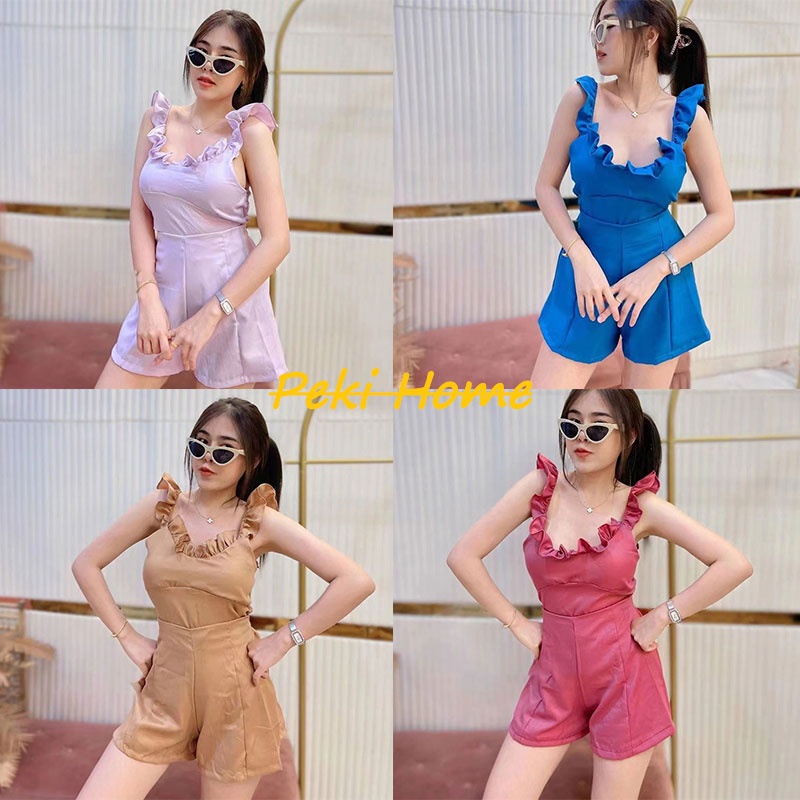 จั๊มสูทขาสั้นสายเดี่ยวแต่งริ้วสวยๆน่ารักๆ จั๊มกางเกงสีพื้นๆคอกว้างสไตล์เกาหลี ชุดจั๊มมินิผู้หญิงราคาถูกมีโปรโมชั่น