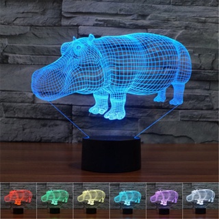 โคมไฟตั้งโต๊ะ LED รูปม้าแม่น้ํา ไล่โทนสี 7 สี 3D ชาร์จ USB