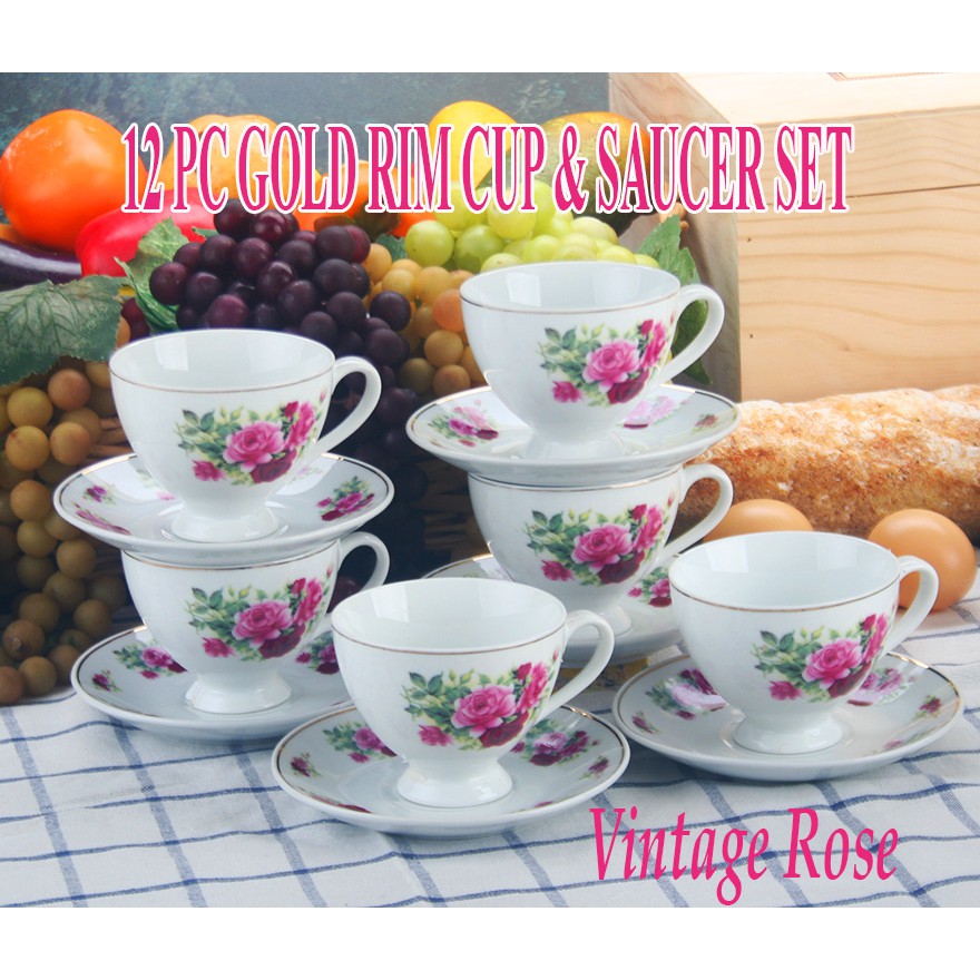 12 ชิ้น RIM VINTAGE FLORA ROSE RED CUP & SAUCER ชุด SE21248