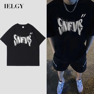 Ielgy เสื้อยืดแขนสั้น ผ้าฝ้าย พิมพ์ลายตัวอักษรกราฟฟิติ สไตล์ฮิปฮอป สําหรับผู้ชาย