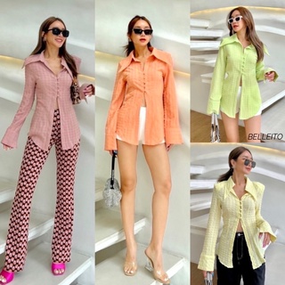 New!!! เสื้อเชิ้ตแขนยาวเสริมบ่าแต่งผ่าสูง sexy ปกใหญ่ detail ผ้าบุย่น by BELLEITO ทรงสวยน่ารัก style เกาหลีจัดด่วนค่ะ