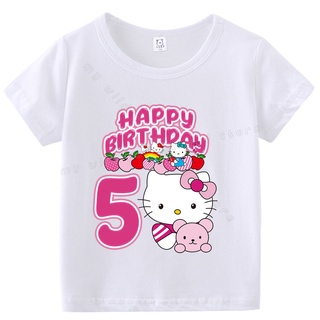 เสื้อยืดแขนสั้น ผ้าฝ้าย พิมพ์ลาย Hello Kitty คุณภาพสูง เหมาะกับงานปาร์ตี้วันเกิด สําหรับเด็กผู้ชาย และเด็กผู้หญิง